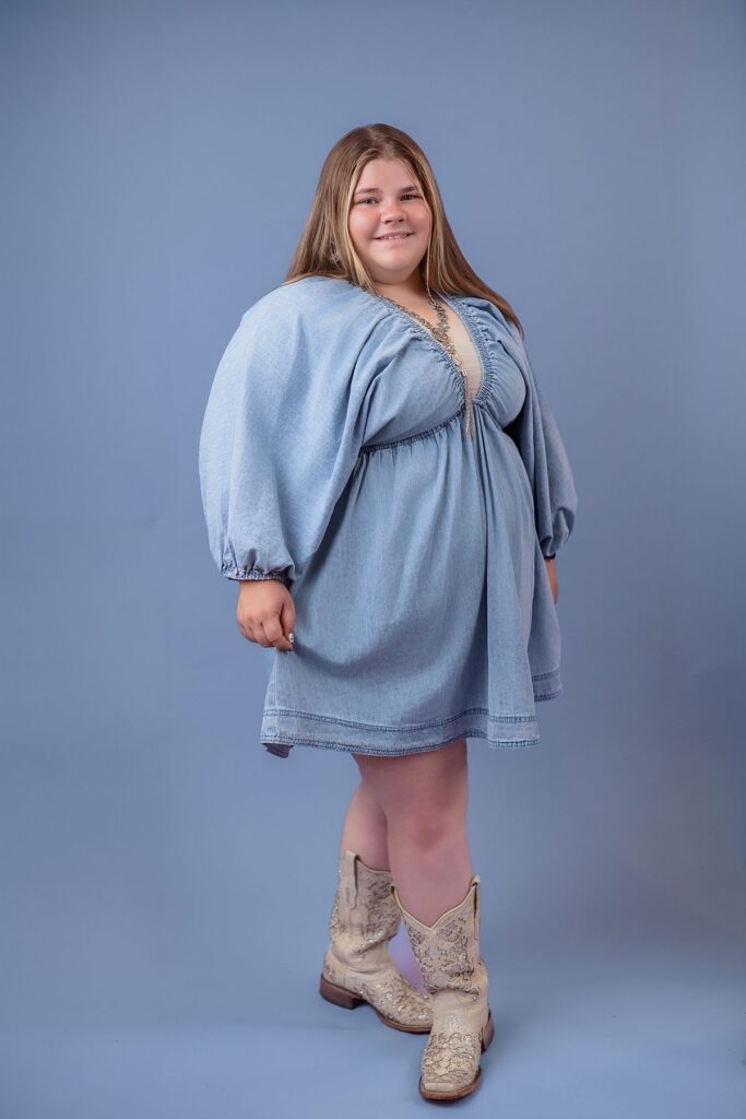 senior studio portrait blue dress