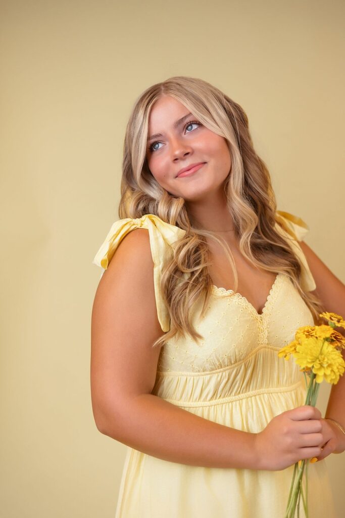 yellow dress flowers senior portrait