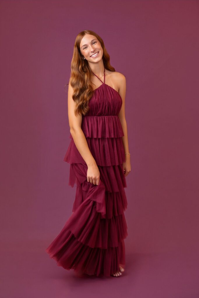 senior portrait studio maroon dress