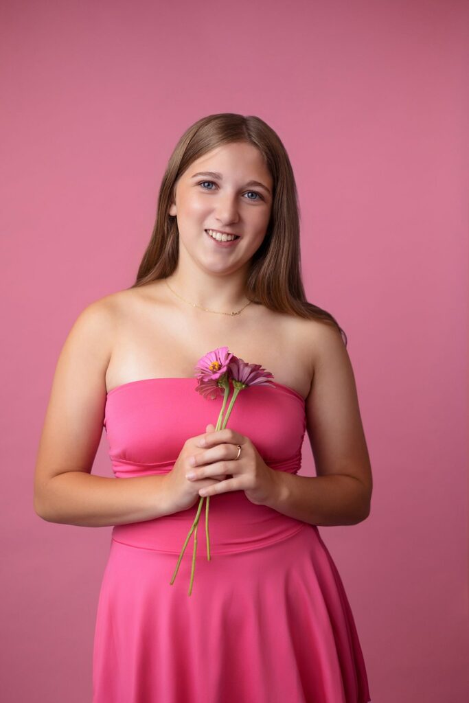 studio senior portrait pink dress