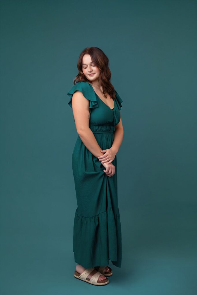 studio senior portrait teal dress