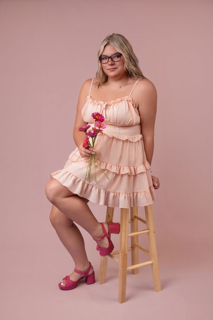 studio senior portrait pink dress
