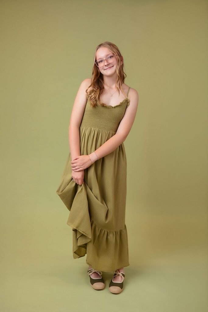 olive dress senior portrait