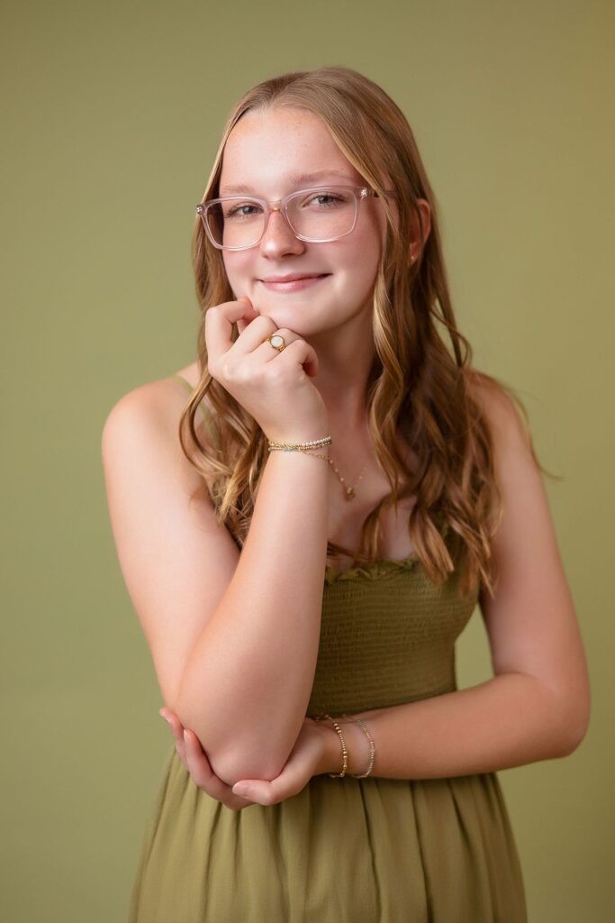 studio senior portrait olive dress
