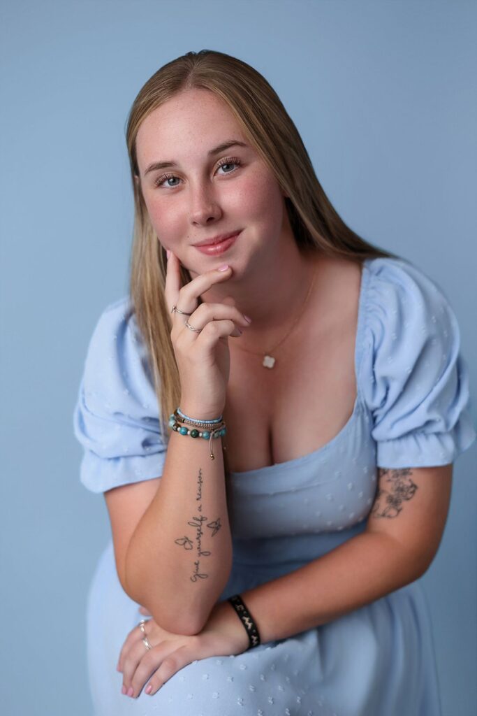 studio senior portrait blue dress